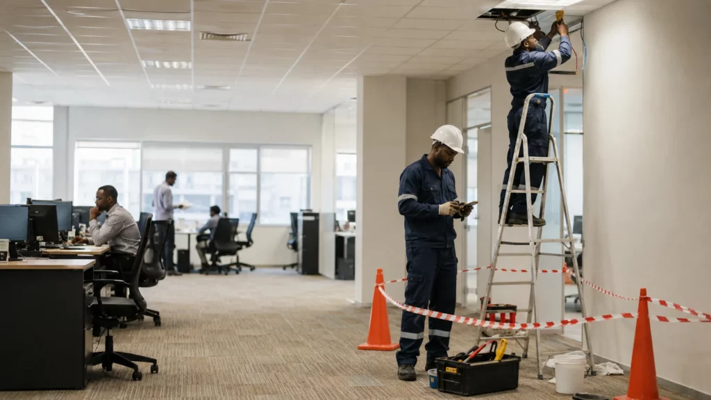 African maintenance team completing controlled repairs inside an occupied office