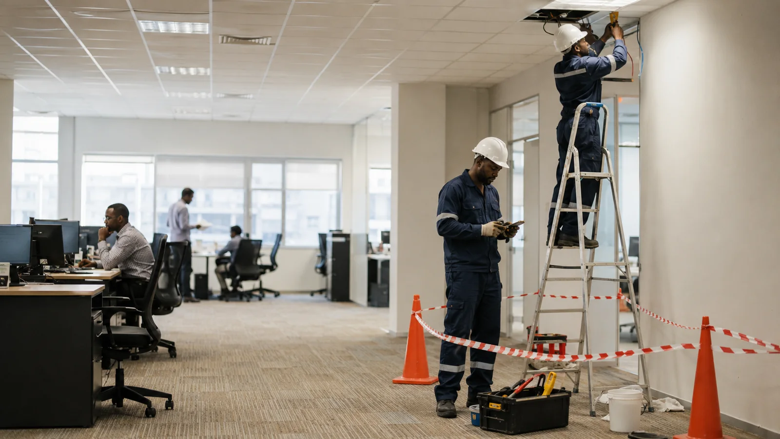 African maintenance team completing controlled repairs inside an occupied office