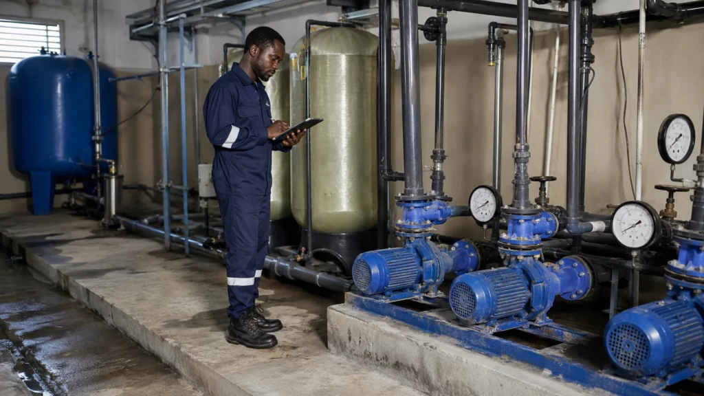 African technician inspecting pumps, tanks, valves and gauges in a commercial water plant room