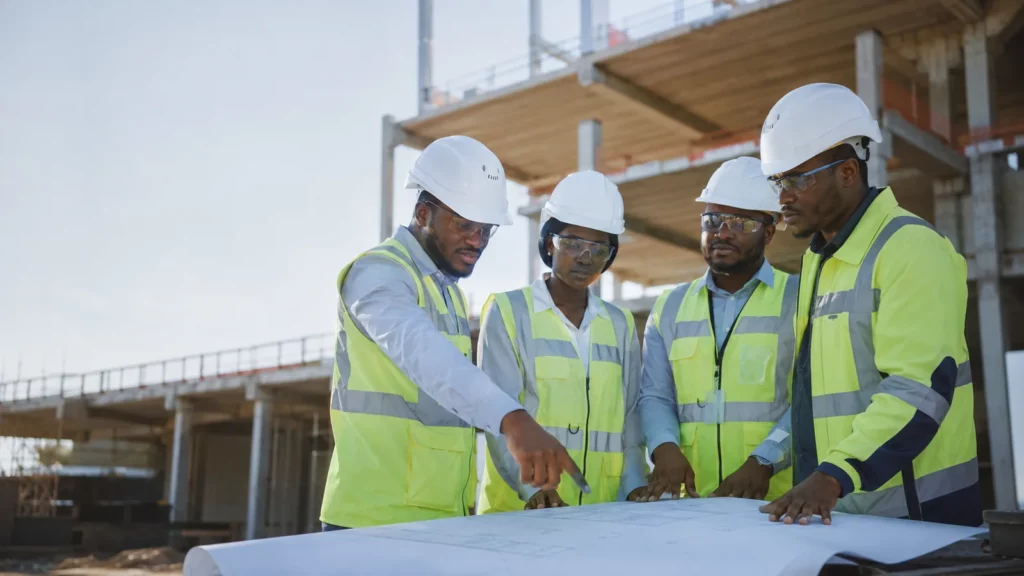 African infrastructure professionals reviewing project plans on a construction site