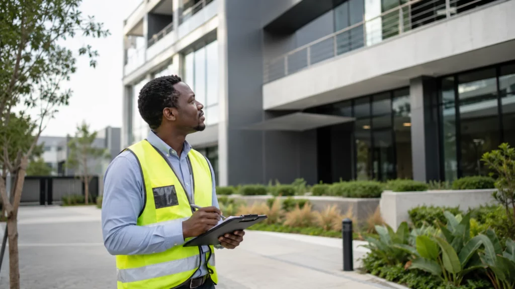 African facilities professional inspecting a modern office park and recording findings