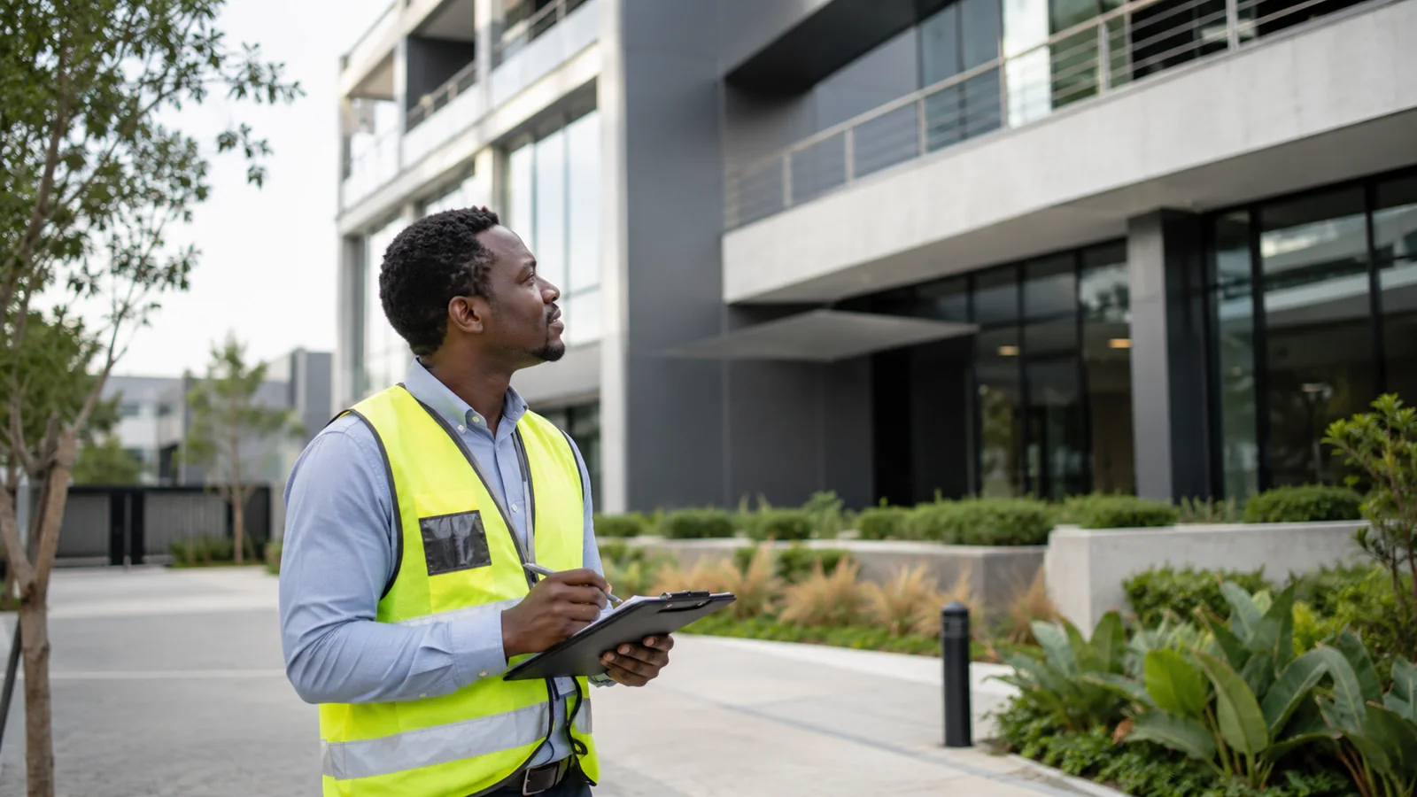 African facilities professional inspecting a modern office park and recording findings