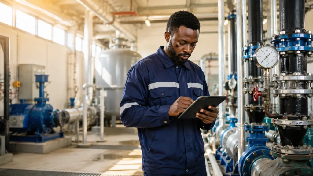 African facilities technician inspecting mechanical and water infrastructure in a naturally lit plant room