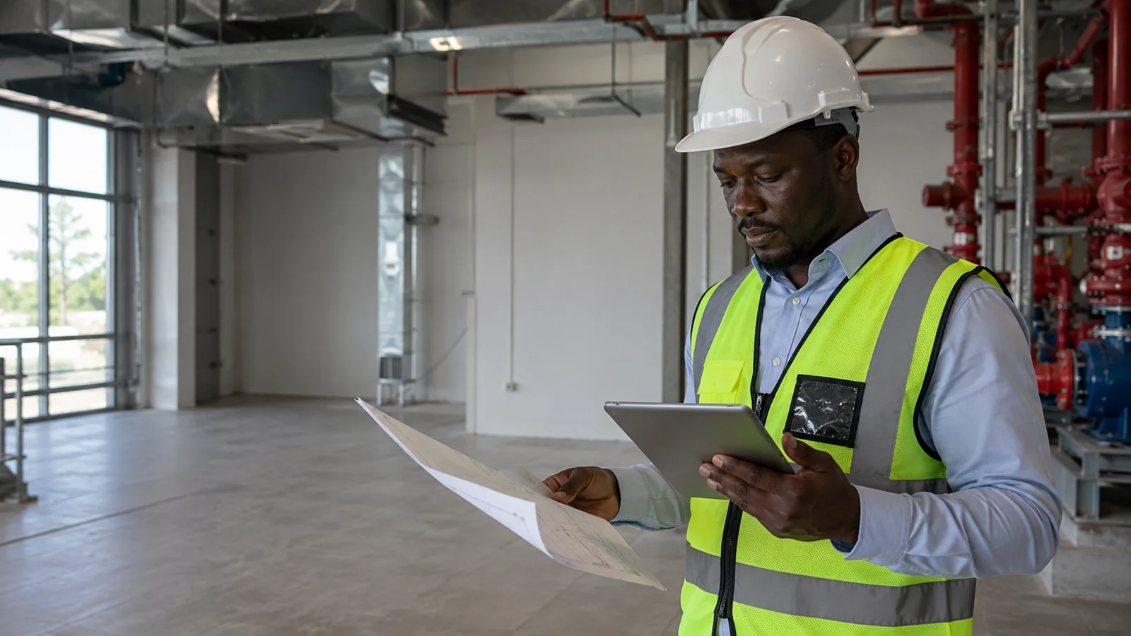 African project professional reviewing plans and digital close-out information