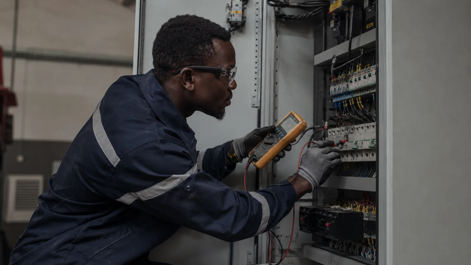 African electrical technician testing a commercial electrical control panel